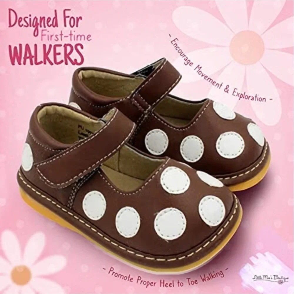 Little Mae's Boutique Brown Polka Dot Squeaky Mary Jane Shoes First Walkers 3